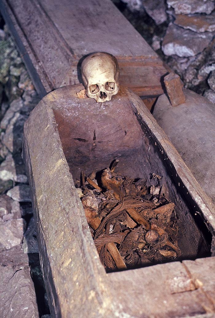 Many coffins are open, with the bones scattered about.