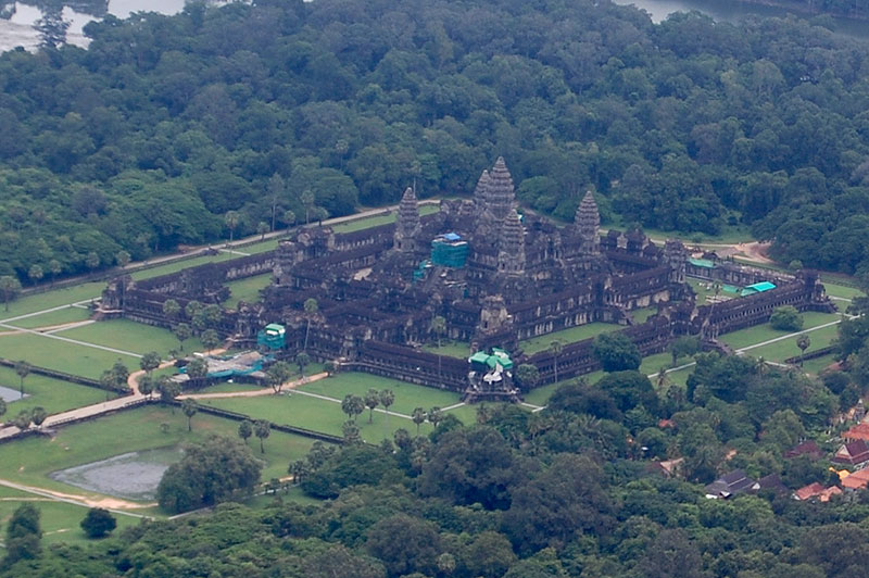 An aerial view of Angkor Wat from my helicopter.
