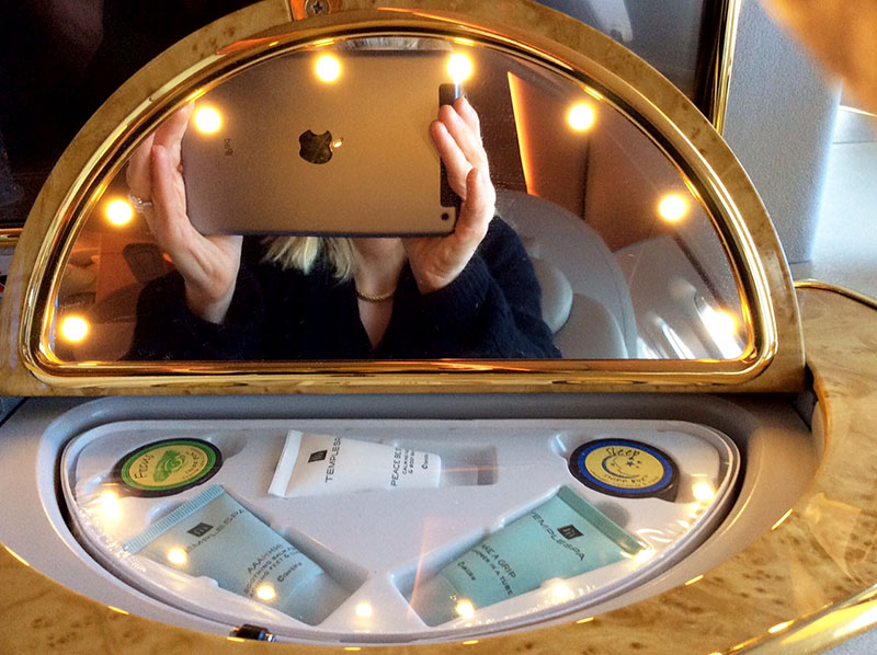 Private lighted make up mirror and amenities that pops open