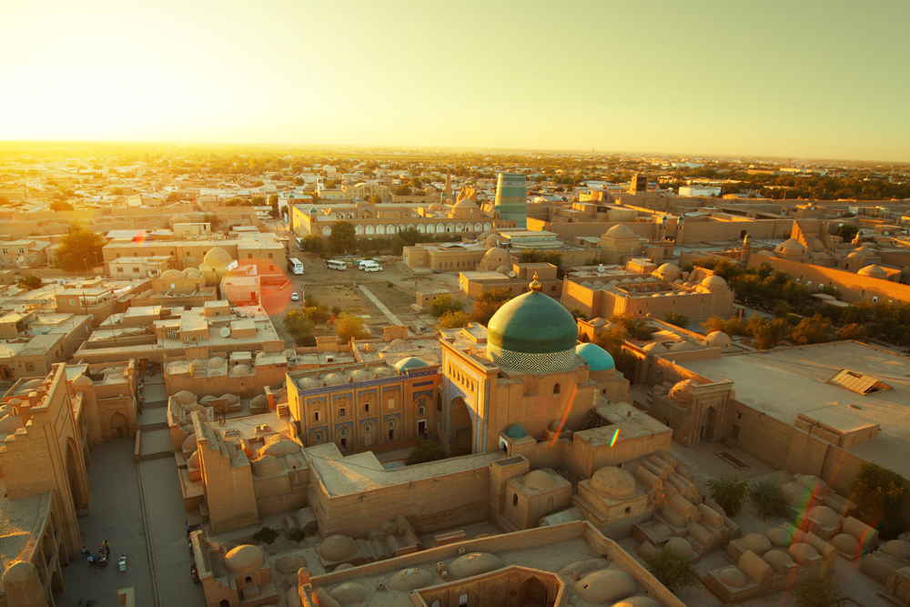 Ancient city of Khiva at sunset.