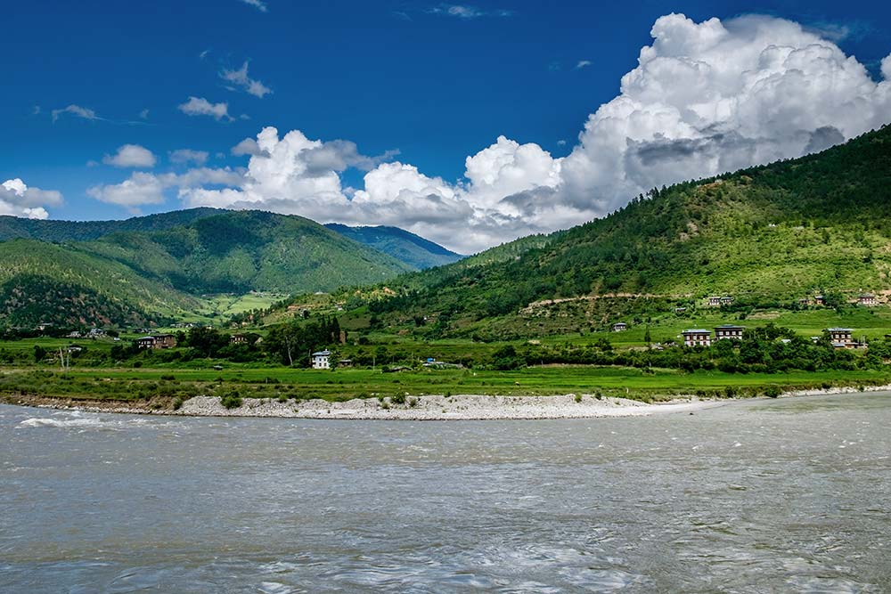 Beautiful Scenery Distant View Punakha Dzong at the Confluence of Mo Chu and Pho Chu Rivers in Punakha, Bhutan